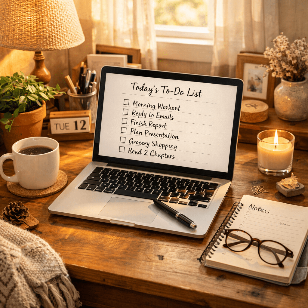 Laptop screen showing today's to-do list with tasks like workout, emails, report, presentation, shopping, and reading