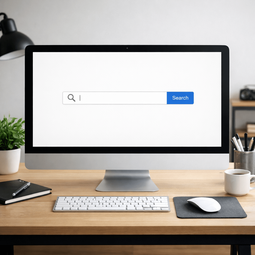 Computer screen showing a search bar with a search icon and 'Search' button