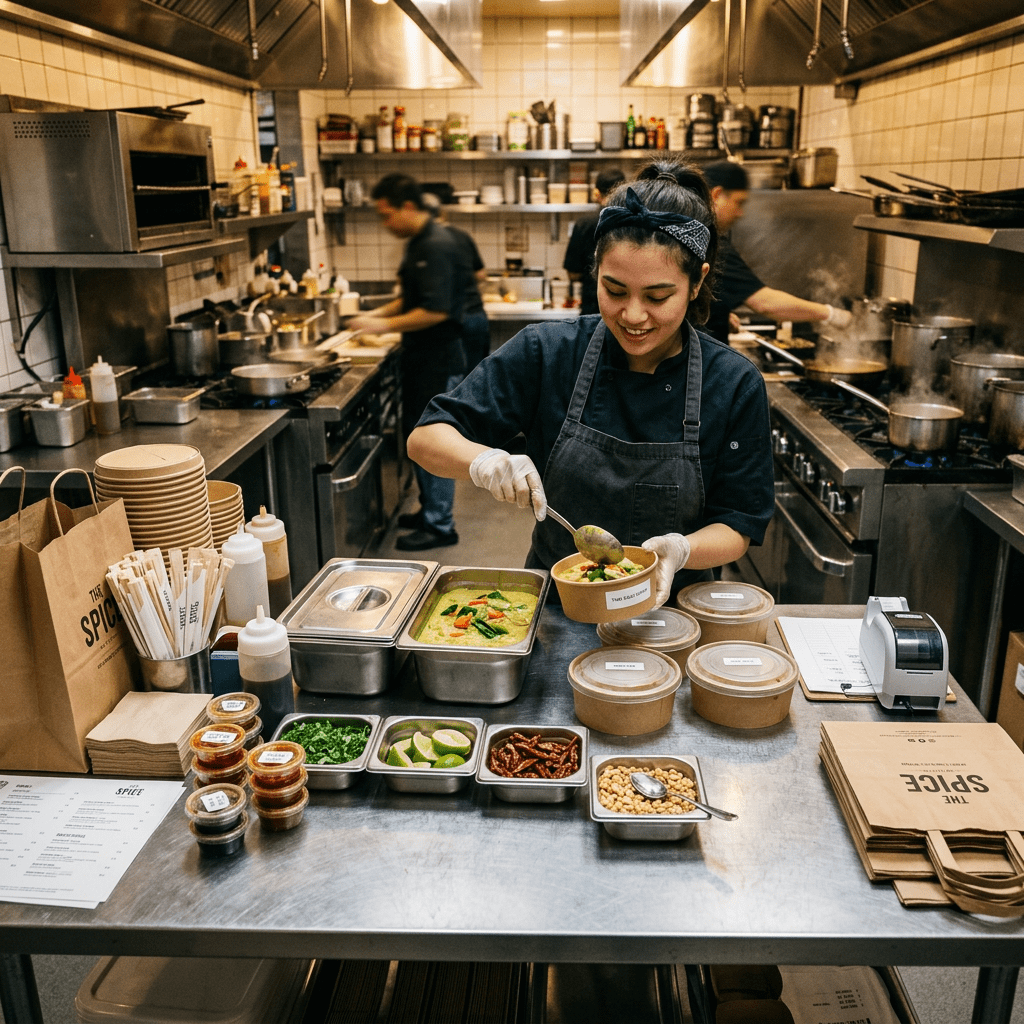 Chef spooning curry into a takeout container with ingredients and containers on a stainless steel counter